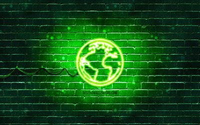 Download wallpapers Earth neon icon, 4k, green background, neon symbols