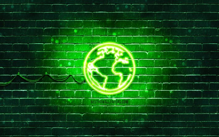 Icona al neon di terra, 4K, sfondo verde, simboli al neon, terra, creativo, icone al neon, segno di terra, segni di ecologia, icona di terra, icone di ecologia