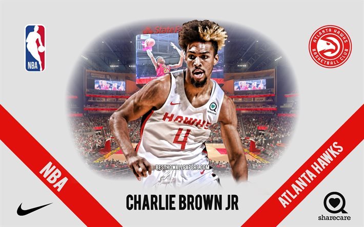 Charlie Brown Jr, Atlanta Hawks, jugador de baloncesto estadounidense, NBA, retrato, Estados Unidos, baloncesto, State Farm Arena, logotipo de los Atlanta Hawks