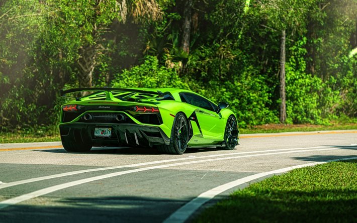 Lamborghini Aventador SV, 4k, vista posterior, autos 2020, superdeportivos, Aventador verde, autos italianos, Lamborghini