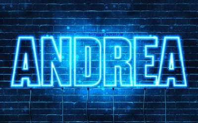 Andrea, 4k, wallpapers with names, Andrea name, blue neon lights, Happy Birthday Andrea, popular italian male names, picture with Andrea name