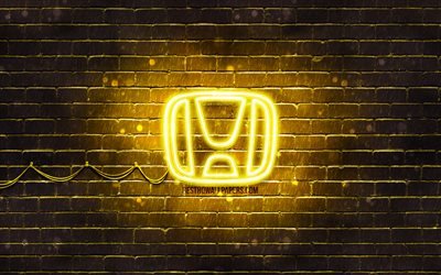 Logo giallo Honda, 4K, muro di mattoni giallo, logo Honda, marchi di automobili, logo al neon Honda, Honda