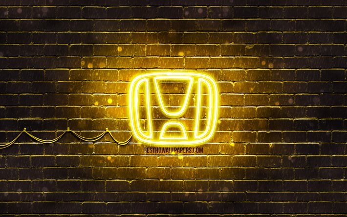 Logo jaune Honda, 4k, brickwall jaune, logo Honda, marques de voitures, logo n&#233;on Honda, Honda