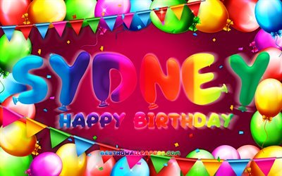 Happy Birthday Sydney, 4k, colorful balloon frame, Sydney name, purple background, Sydney Happy Birthday, Sydney Birthday, popular american female names, Birthday concept, Sydney