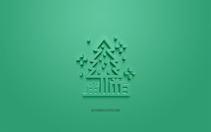 شجرة عيد الميلاد رمز 3d, خلفية خضراء, رموز ثلاثية الأبعاد, شجرة عيد الميلاد, الفن الإبداعي 3D, أيقونات ثلاثية الأبعاد, صمامات بئر النفط, عيد الميلاد الرموز 3D
