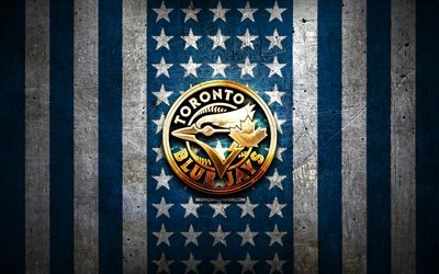 Toronto Blue Jays flag, MLB, blue white metal background, canadian baseball team, Toronto Blue Jays logo, USA, baseball, Toronto Blue Jays, golden logo