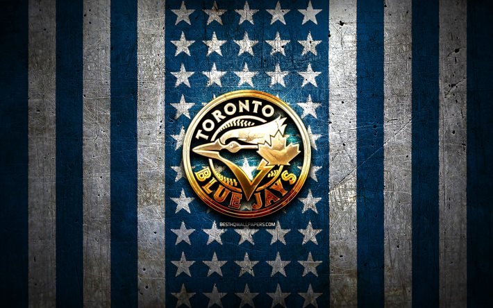Bandiera Toronto Blue Jays, MLB, sfondo blu metallo bianco, squadra di baseball canadese, logo Toronto Blue Jays, USA, baseball, Toronto Blue Jays, logo dorato