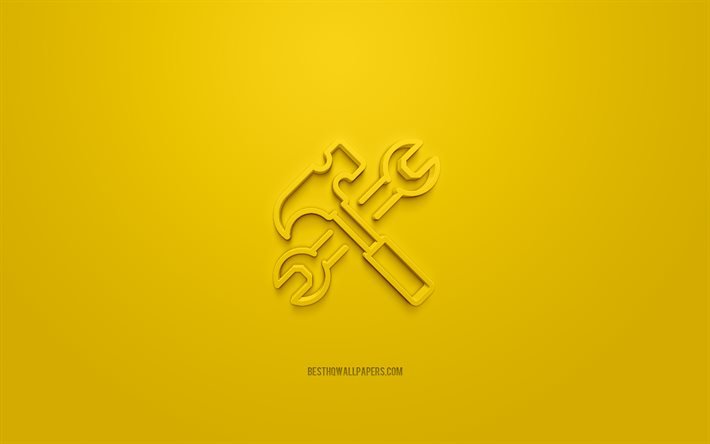 Costruisci icona 3d, sfondo giallo, simboli 3d, martello e chiave inglese, arte 3d creativa, icone 3d, segno di costruzione, icone 3d di costruzione
