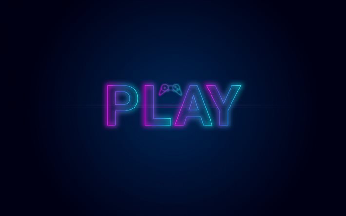Play, videogioco, concetti di gioco, PlayStation, logo con luce al neon, sfondo blu, concetti PS4, console di gioco