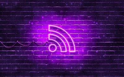 RSS neon simgesi, 4k, mor arka plan, neon semboller, RSS, yaratıcı, neon simgeler, RSS işareti, bilgisayar işaretleri, RSS simgesi, bilgisayar simgeleri