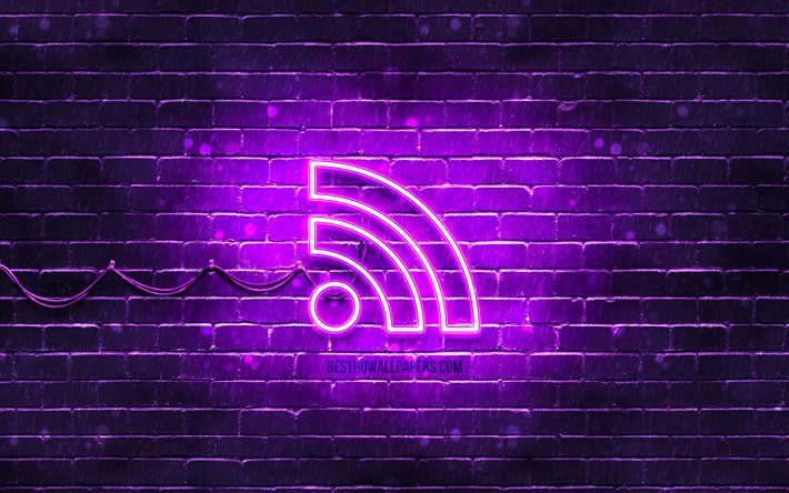 RSS neon icon, 4k, violet background, neon symbols, RSS, creative, neon icons, RSS sign, computer signs, RSS icon, computer icons