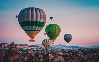 Cappadocia, Fairy chimneys, rocks, balloon festival, evening, sunset, balloons, Capadocia, Turkey