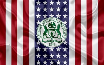 Emblema dell&#39;Universit&#224; del Michigan orientale, bandiera americana, logo dell&#39;Universit&#224; del Michigan orientale, Ypsilanti, Michigan, USA, Universit&#224; del Michigan orientale