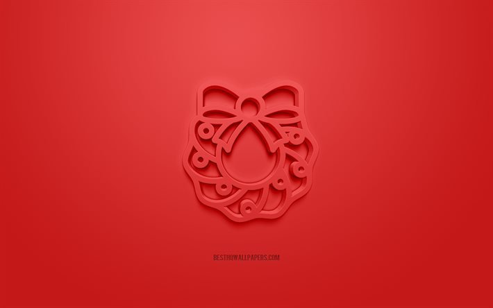 クリスマスリース3 dアイコン, 赤い背景, 3Dシンボル, クリスマスリース, 創造的な3 dアート, 3D图标, クリスマスサイン, クリスマス3 dアイコン