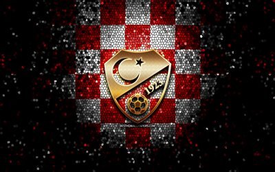 Turkish football team, glitter logo, UEFA, Europe, red white checkered background, mosaic art, soccer, Turkey National Football Team, TFF logo, football, Turkey