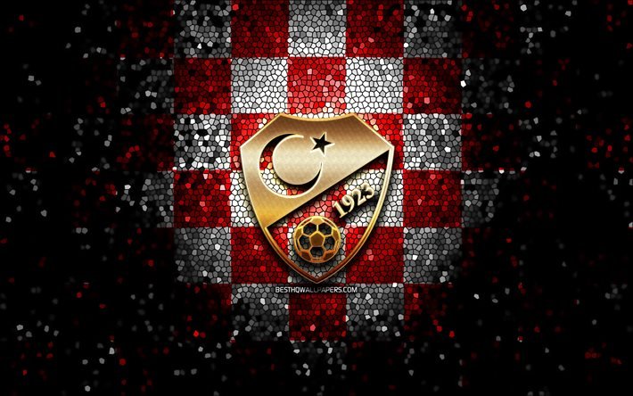 Turque de football de l'équipe, des paillettes logo de l'UEFA, en Europe, en rouge, blanc, arrière-plan en damier, l'art de la mosaïque, de soccer, de la Turquie Équipe Nationale de Football, la FFT logo, le football, la Turquie