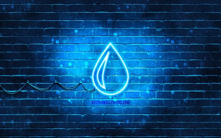الماء رمز النيون, 4k, خلفية زرقاء, النيون الرموز, الماء, الإبداعية, الماء التوقيع, البيئة علامات, الماء رمز, البيئة الرموز