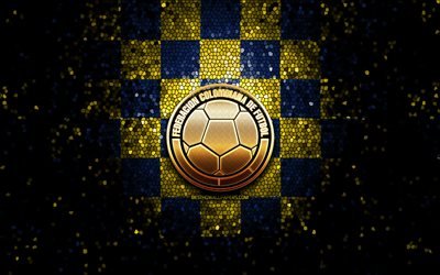 Colombian football team, glitter logo, Conmebol, South America, blue yellow checkered background, mosaic art, soccer, Colombia National Football Team, FCF logo, football, Colombia