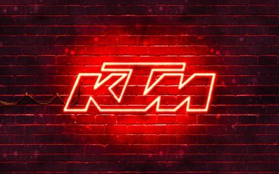 KTM punainen logo, 4k, punainen tiilisein&#228;, KTM-logo, moottoripy&#246;r&#228;merkit, KTM-neon-logo, KTM