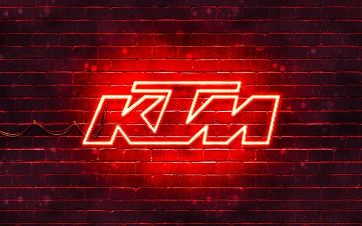 ktm rotes logo, 4k, rote backsteinmauer, ktm logo, motorradmarken, ktm neon logo, ktm