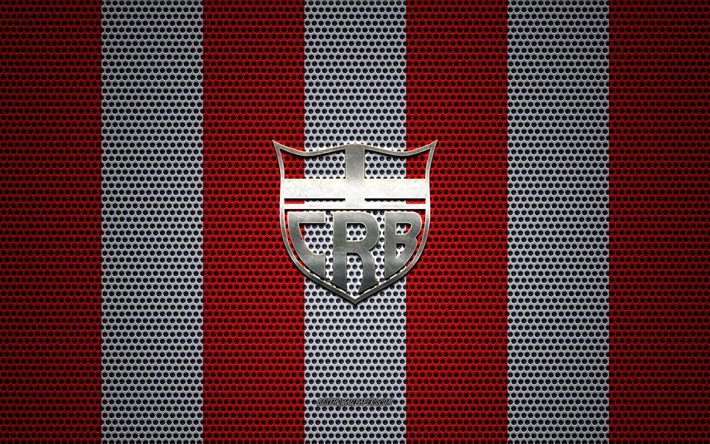 Logotipo do CRB, clube de futebol brasileiro, emblema de metal, fundo de malha de metal vermelho e branco, Clube de Regatas Brasil, S&#233;rie B, Macei&#243;, Brasil, futebol