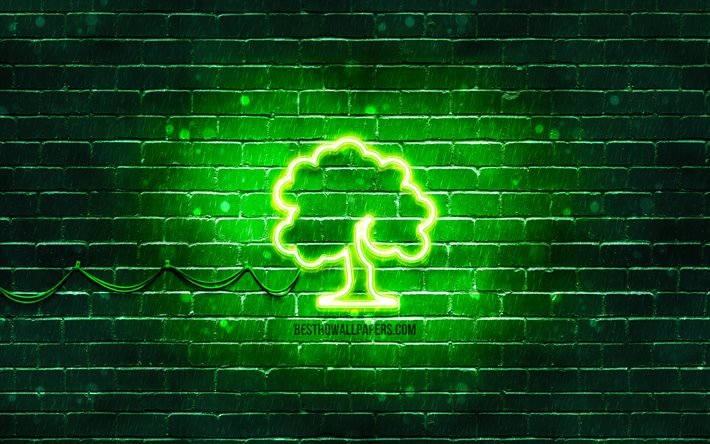 Tree neon icon, 4k, green background, neon symbols, Tree, creative, neon icons, Tree sign, ecology signs, Tree icon, ecology icons