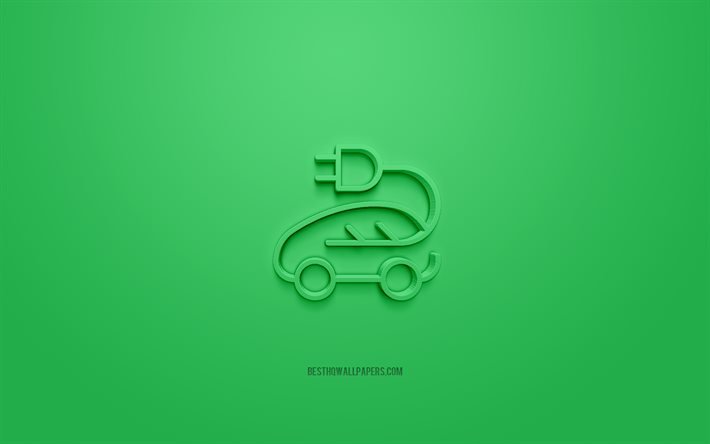 Icona 3d di trasporto ecologico, sfondo verde, simboli 3d, trasporto ecologico, icona 3d di auto elettriche creative, icone 3d, segno di trasporto Eco, icone 3d di eco