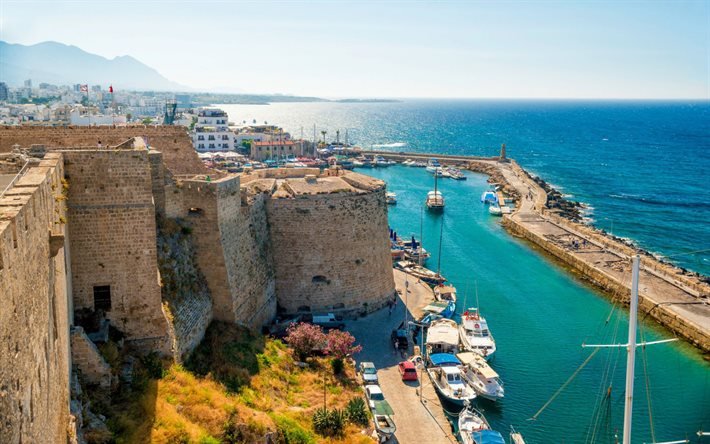 Kyrenia slott, hamn, Kyrenia, Cypern, Medelhavet, sommar, gamla f&#228;stningar, norra Cypern