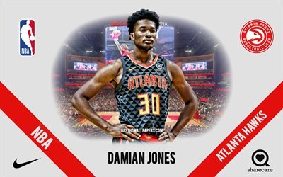 Damian Jones, Atlanta Hawks, American Basketball Player, NBA, portrait, USA, basketball, State Farm Arena, Atlanta Hawks logo