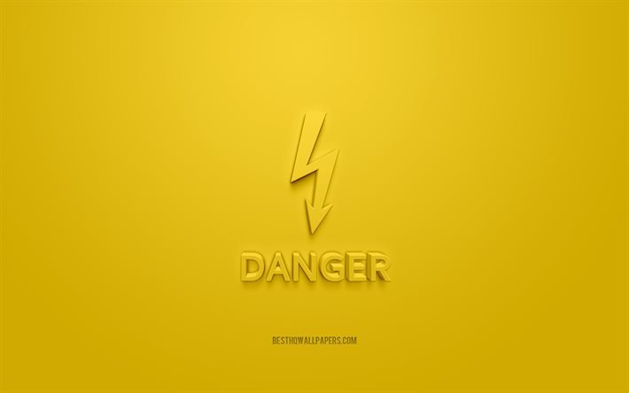 Danger 3d icon, yellow background, 3d symbols, Danger, Danger electricity 3d icon, 3d icons, Danger sign, Warning 3d icons