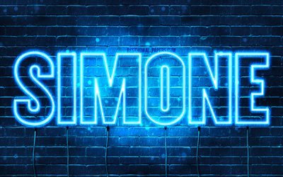 Simone, 4k, fonds d&#39;&#233;cran avec des noms, nom de Simone, n&#233;ons bleus, joyeux anniversaire Simone, noms masculins italiens populaires, photo avec le nom de Simone