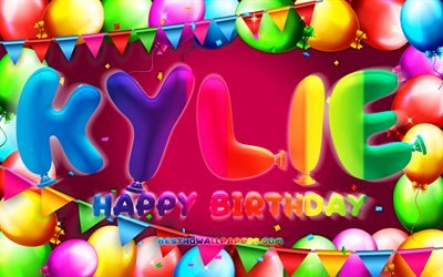 Happy Birthday Kylie, 4k, colorful balloon frame, Kylie name, purple background, Kylie Happy Birthday, Kylie Birthday, popular american female names, Birthday concept, Kylie