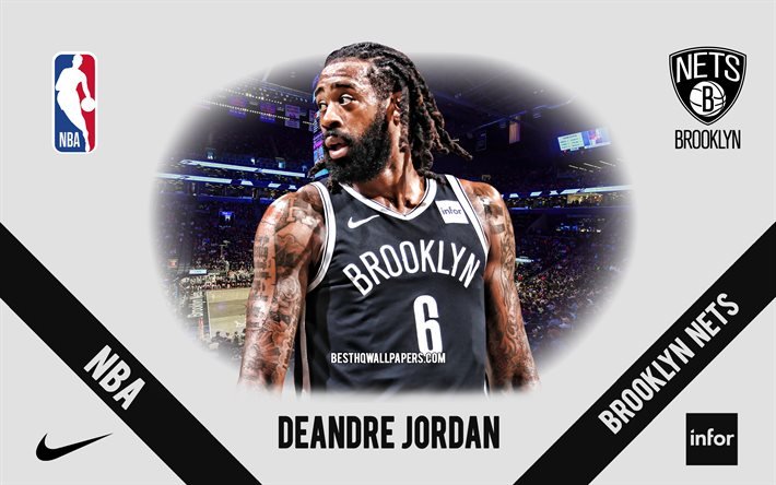 DeAndre Jordan, Brooklyn Nets, jogador americano de basquete, NBA, retrato, EUA, basquete, Barclays Center, logotipo do Brooklyn Nets