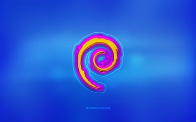 Logo 3d Debian, sfondo blu, Debian, logo multicolore, logo Debian, emblema 3d