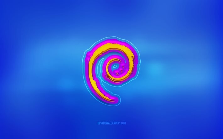 Logotipo do Debian 3D, fundo azul, Debian, logotipo multicolorido, logotipo do Debian, emblema 3D