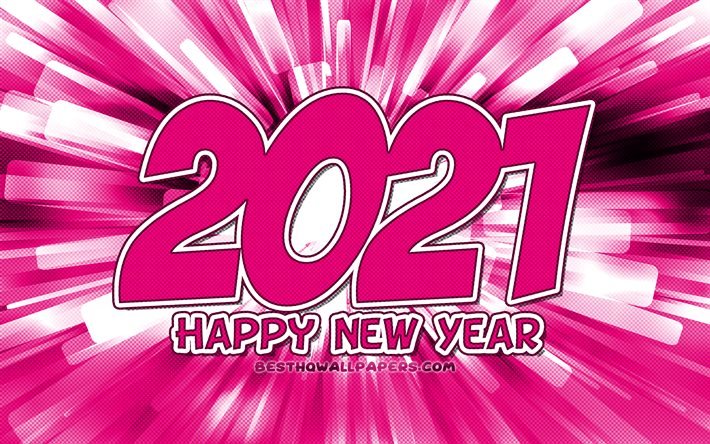 Happy New Year 2021, 4k, purple abstract rays, 2021 purple digits, 2021 concepts, 2021 on purple background, 2021 year digits