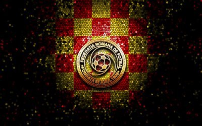 Romanian football team, glitter logo, UEFA, Europe, red yellow checkered background, mosaic art, soccer, Romania National Football Team, FRF logo, football, Romania