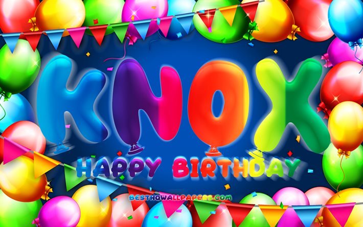 Buon compleanno Knox, 4k, cornice di palloncini colorati, nome Knox, sfondo blu, buon compleanno Knox, compleanno Knox, nomi maschili americani popolari, concetto di compleanno, Knox
