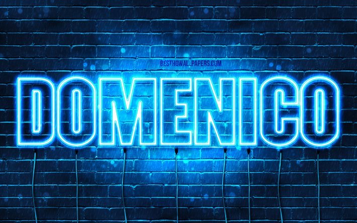 Domenico, 4k, pap&#233;is de parede com nomes, nome Domenico, luzes de n&#233;on azuis, Feliz Anivers&#225;rio Domenico, nomes masculinos italianos populares, foto com o nome Domenico