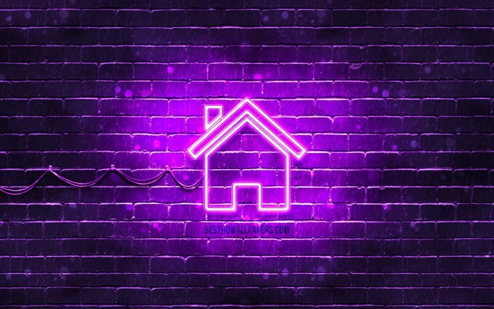 home neon symbol, 4k, violetter hintergrund, neon symbole, home, kreativ, home zeichen, computer zeichen, home symbol, computer symbole