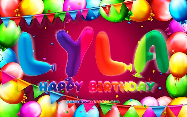 誕生日おめでとう, 4k, カラフルなバルーンフレーム, ライラの名前, 紫色の背景, ライラの誕生日, 人気のアメリカ人女性の名前, 誕生日のコンセプト, ライラ