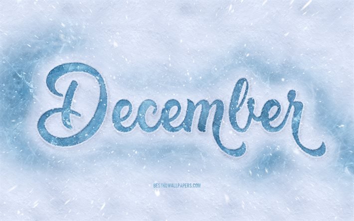 12, 4k, 雪の上の碑文, 雪に覆われた冬の背景, 12月のコンセプト, 冬の数か月, 冬の背景, 12月