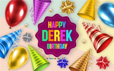 Happy Birthday Derek, 4k, Birthday Balloon Background, Derek, creative art, Happy Derek birthday, silk bows, Derek Birthday, Birthday Party Background
