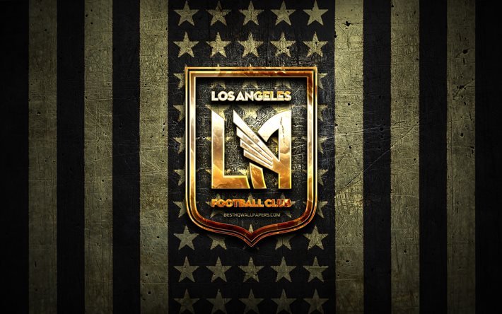 Los Angeles bayrağı, MLS, kahverengi siyah metal arka plan, amerikan futbol kulübü, Los Angeles FC logosu, ABD, futbol, Los Angeles FC, altın logo