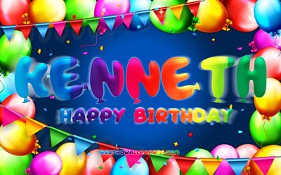 Happy Birthday Kenneth, 4k, colorful balloon frame, Kenneth name, blue background, Kenneth Happy Birthday, Kenneth Birthday, popular american male names, Birthday concept, Kenneth
