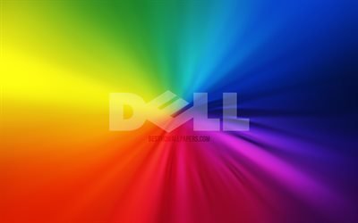Logo Dell, 4k, vortex, arrière-plans arc-en-ciel, créatif, illustrations, marques, Dell