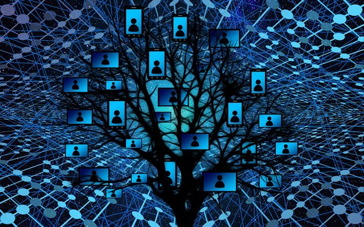 sfondo di reti sociali, concetti di rete ad albero, sfondo di rete blu, sfondo di tecnologia, sfondo di rete