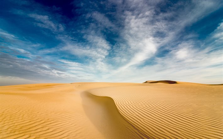 autiomaa, sininen taivas, hiekkadyynit, aallot hiekassa, hiekka, &#228;&#228;ret&#246;n, kaunis aavikko
