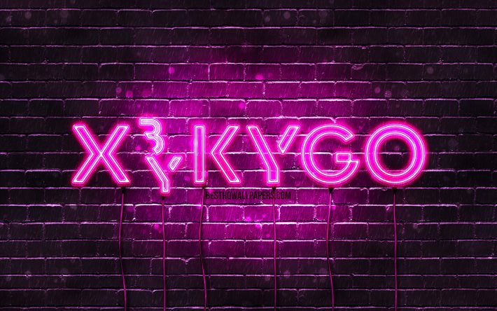 Logo violet Kygo, 4k, superstars, DJ norv&#233;giens, brickwall violet, Kyrre Gorvell-Dahll, stars de la musique, logo n&#233;on Kygo, logo Kygo, Kygo