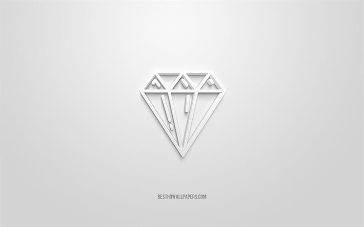 Diamant 3d-ikon, vit bakgrund, 3d-symboler, diamant, kreativ 3d-konst, 3d-ikoner, diamantskylt, p&#228;rlor 3d-ikoner